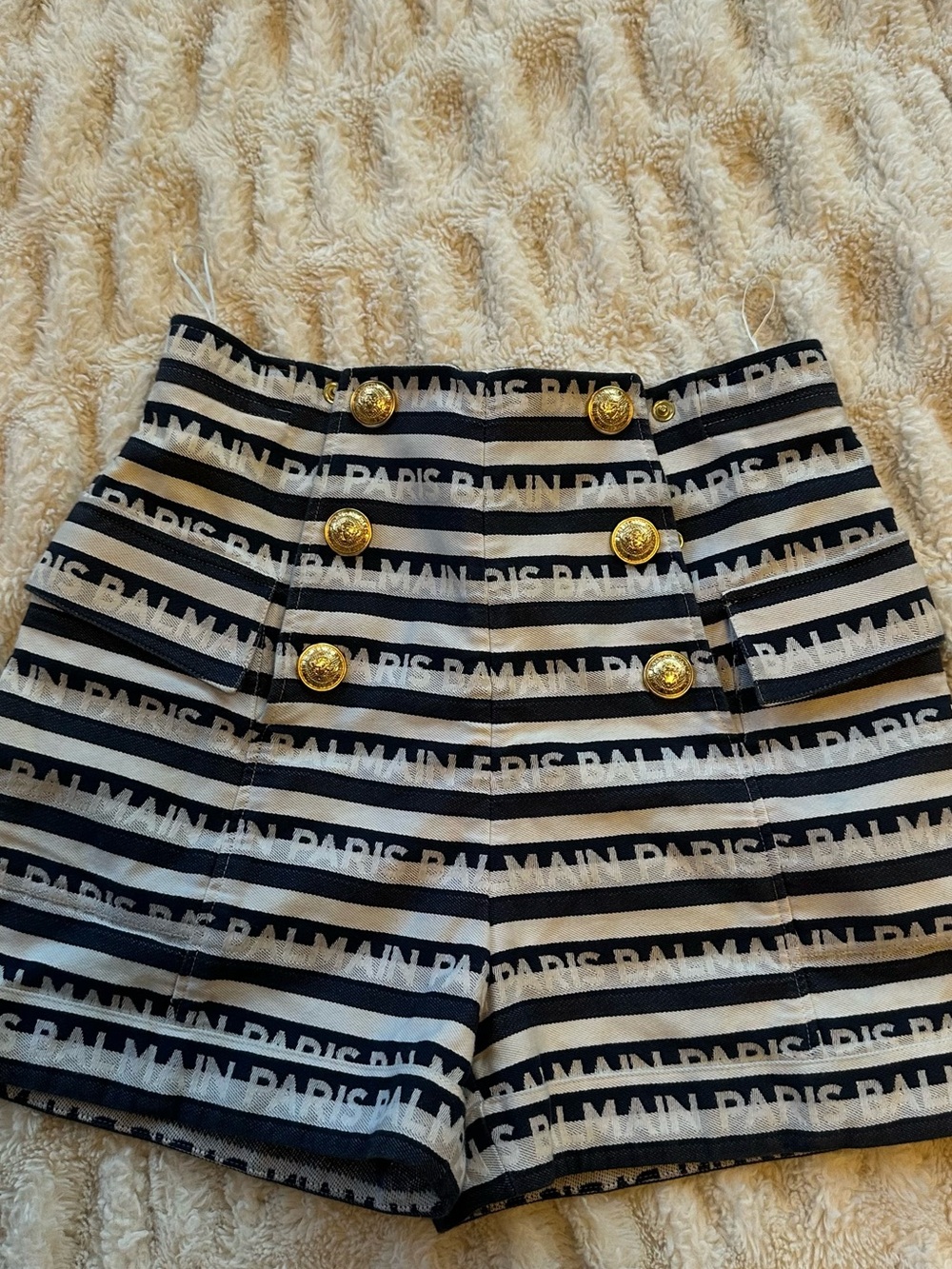 Balmain Navy and White Stripe Logo Button Shorts
